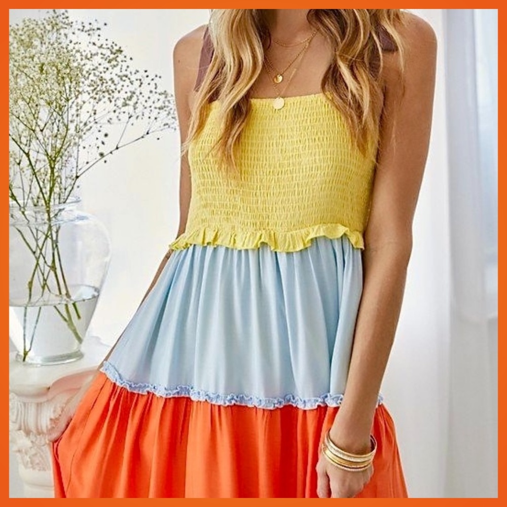 Lux Smocked Bodice Ruffle Trim Tiers Part Lined Skirt Shoulder Ties - Picture 13 of 16